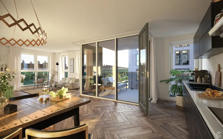 Interieur impressie van woonkamer binnen nieuwbouwproject Allure