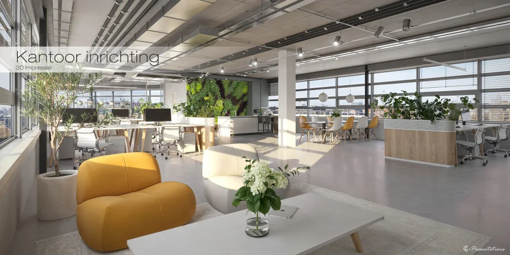 3D impressie modern kantoorinterieur