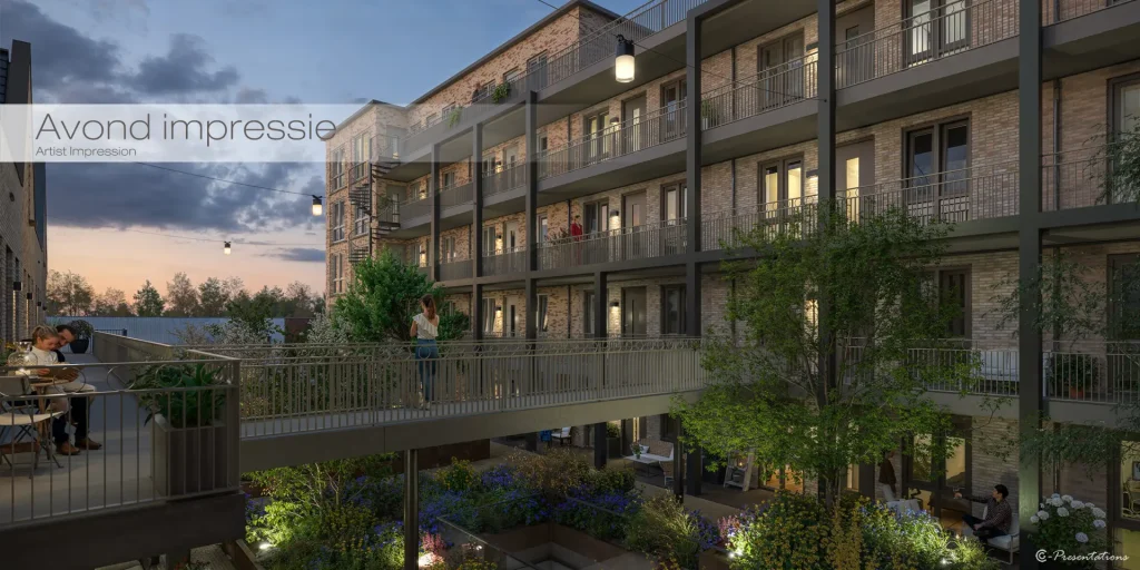 Artist impressions avond en 3D visualisatie van een gebouw in de avond