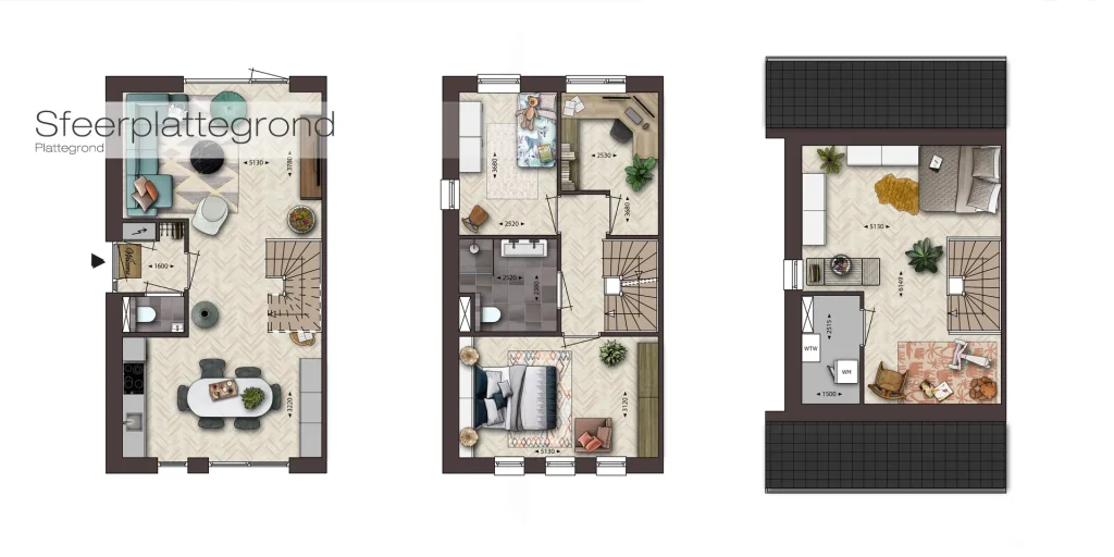 Sfeerplattegrond in 3D van woningindeling