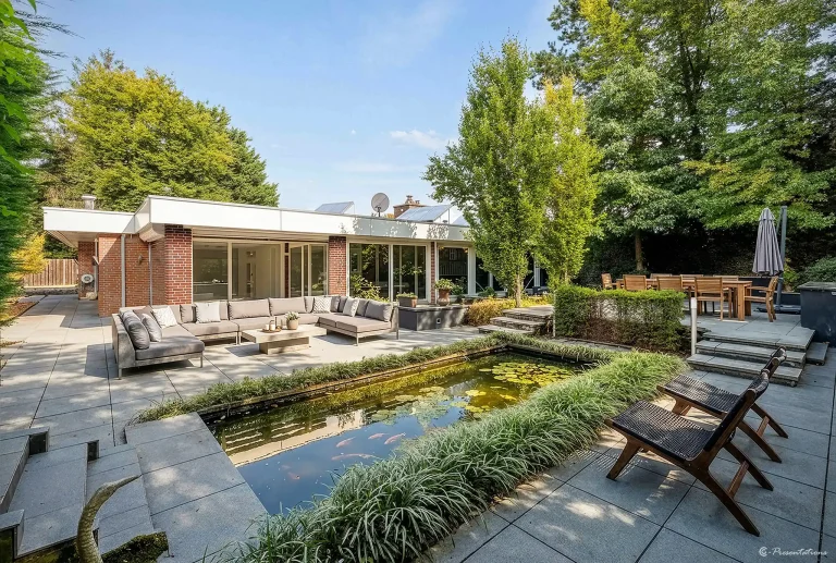 AI fotobewerking van tuin met verbeterde sfeer en uitstraling