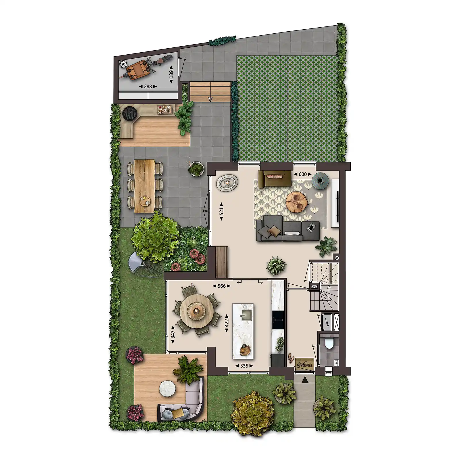 Ingetekende sfeerplattegrond met meubels en inrichting