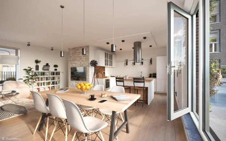 Artist impression van keuken en leefruimte in project Allure