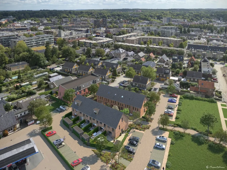 Vogelvlucht verkooptekening van project Raadshof in Ede