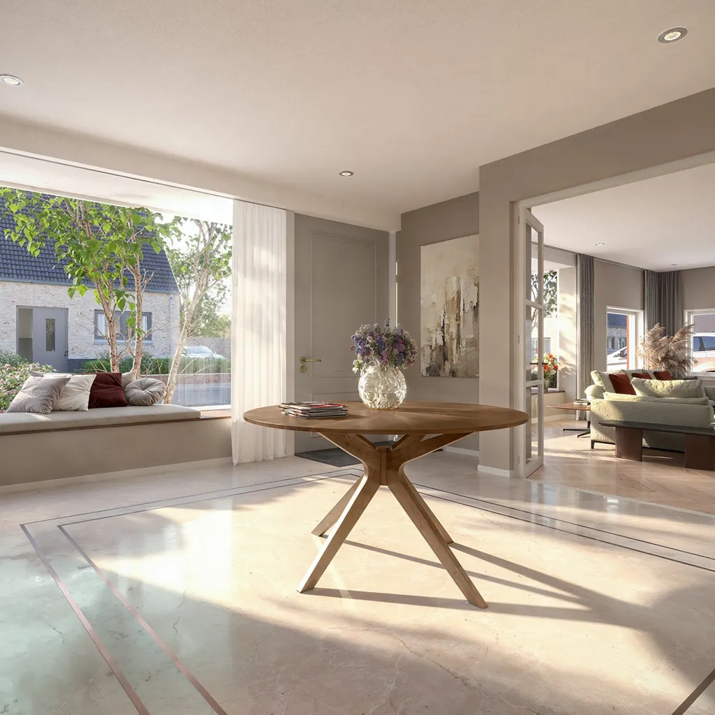 Interieur impressie van de entree met doorkijk naar de woonkamer in Groesbeek