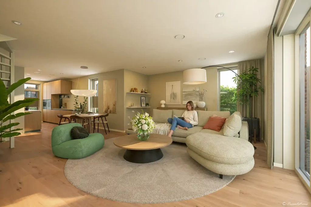 Interieur impressie van de woonkamer in de hoekwoning van Nieuwe Damhof Putten
