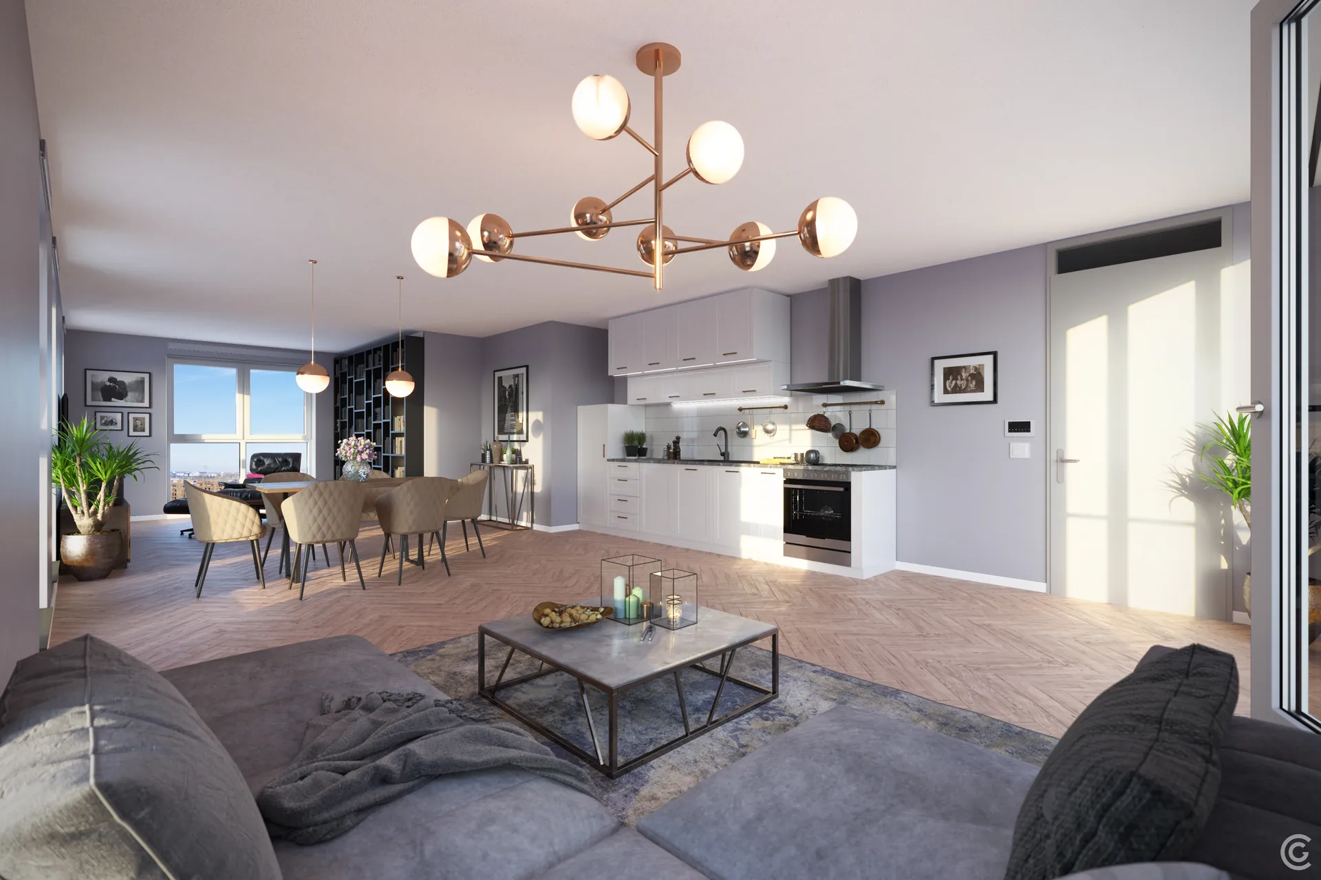 Artist impression van de open woonkamer met eethoek en keuken van bouwnummer 72 in Amulet, Utrecht