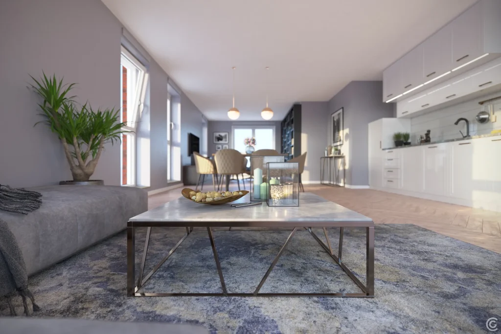 Zicht vanaf de zithoek op keuken en eettafel in het appartement op de tiende verdieping van Amulet