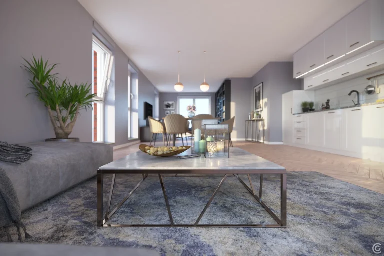 Zicht vanaf de zithoek op keuken en eettafel in het appartement op de tiende verdieping van Amulet