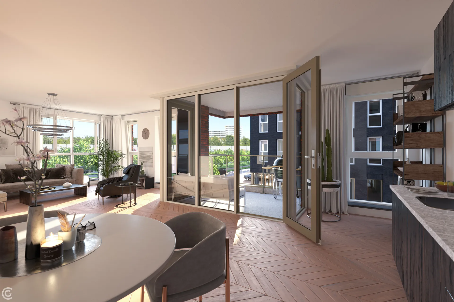 Woonkamer met eethoek en openslaande deuren naar het balkon van bouwnummer 4 in Amulet, Utrecht