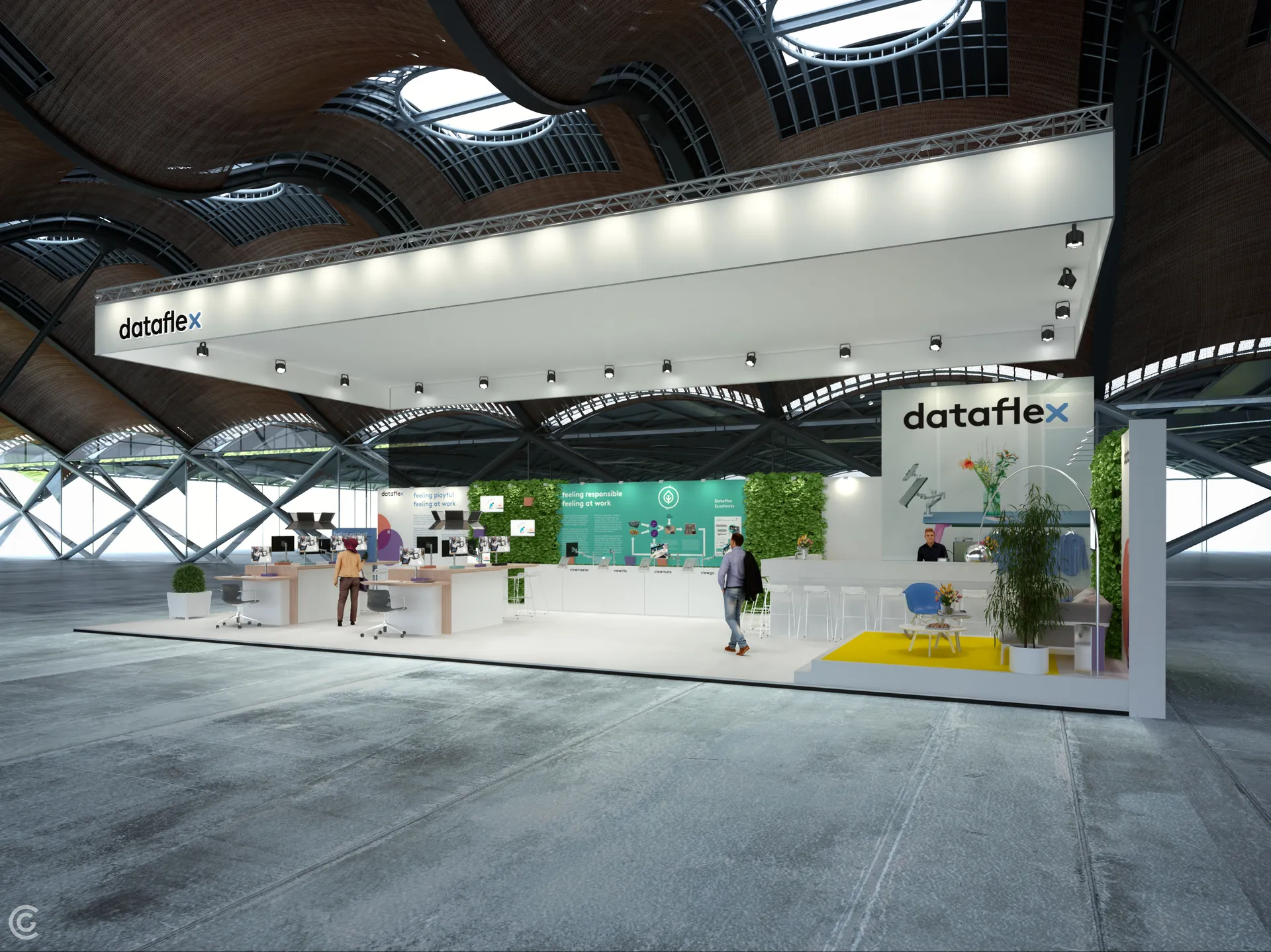 3D impressie beursstand Dataflex 2018 zijaanzicht met bar, lounge en merknaam
