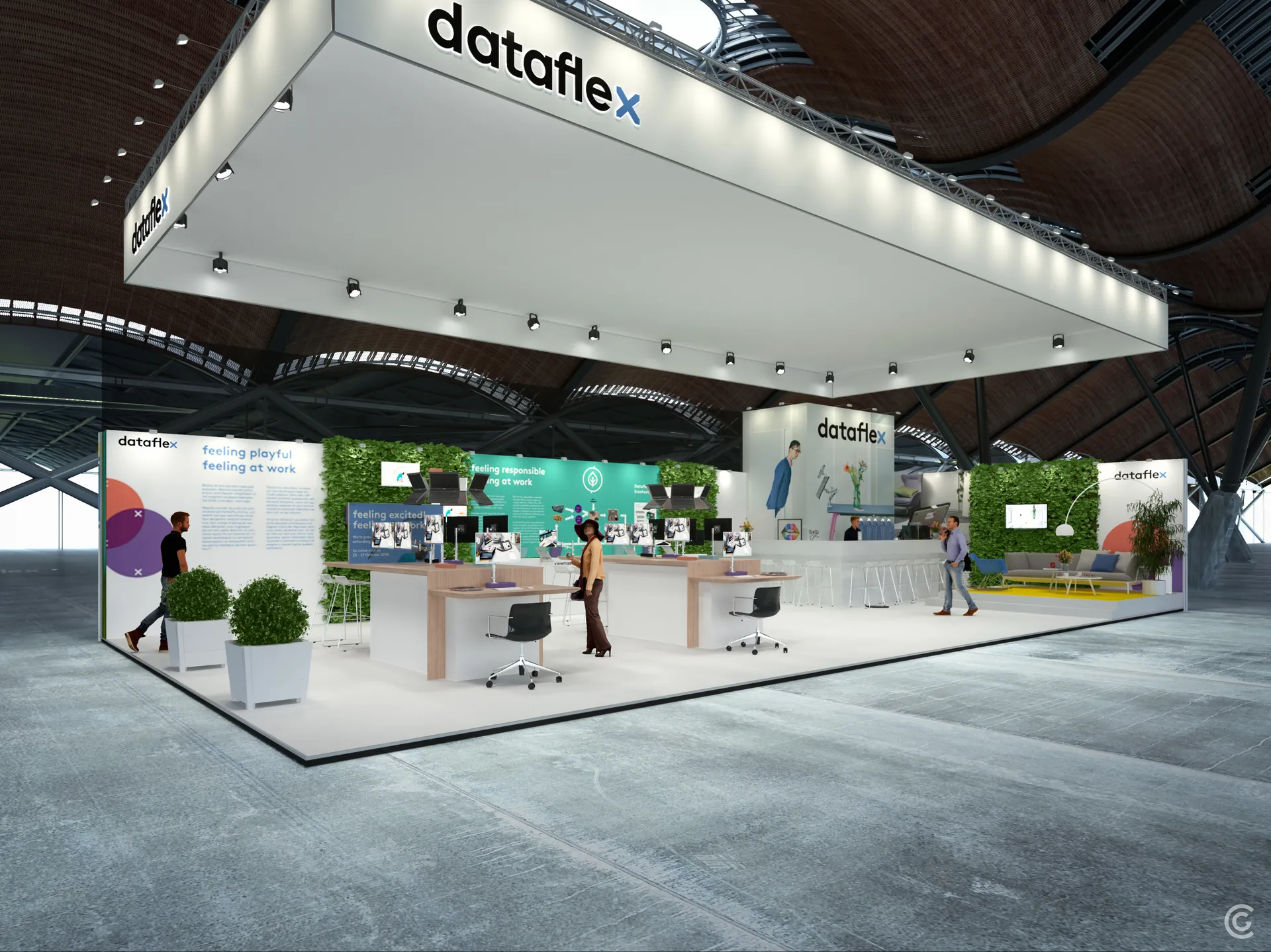 3D impressie beursstand Dataflex 2018 met demotafels voor Link en Bento en groene wand