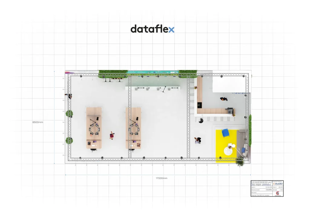 Plattegrond beursstand Dataflex Orgatec 2018 van 8,5 bij 17 meter, bovenaanzicht