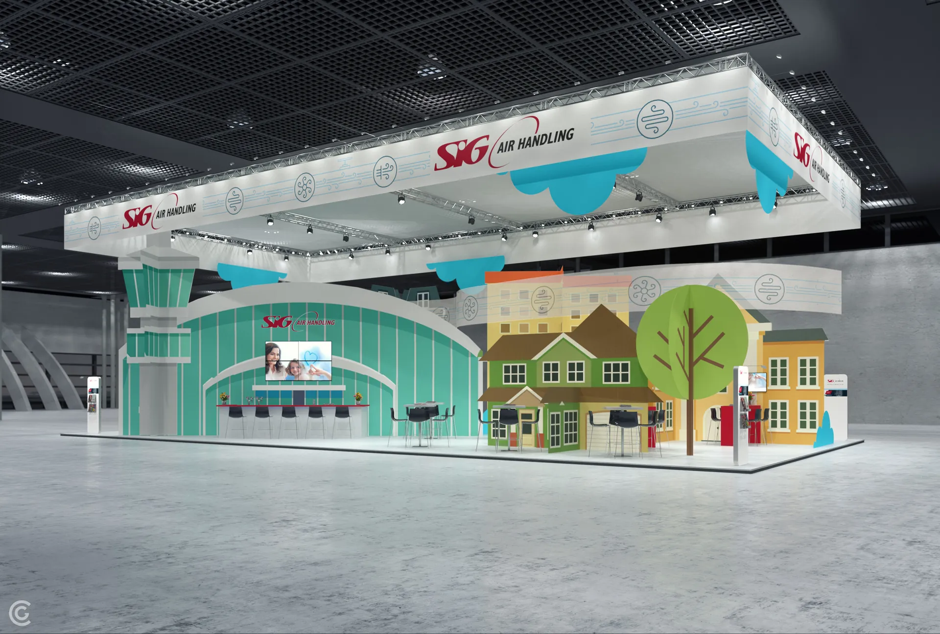 3D impressie beursstand SIG Air Handling VSK 2018 vooraanzicht met balie en gebouwendecor