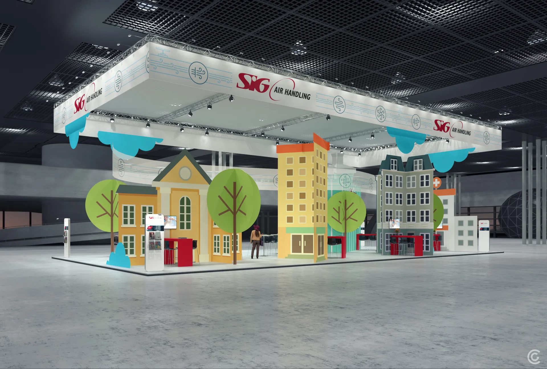 3D impressie beursstand SIG Air Handling VSK 2018 zijaanzicht met woningen en bomen