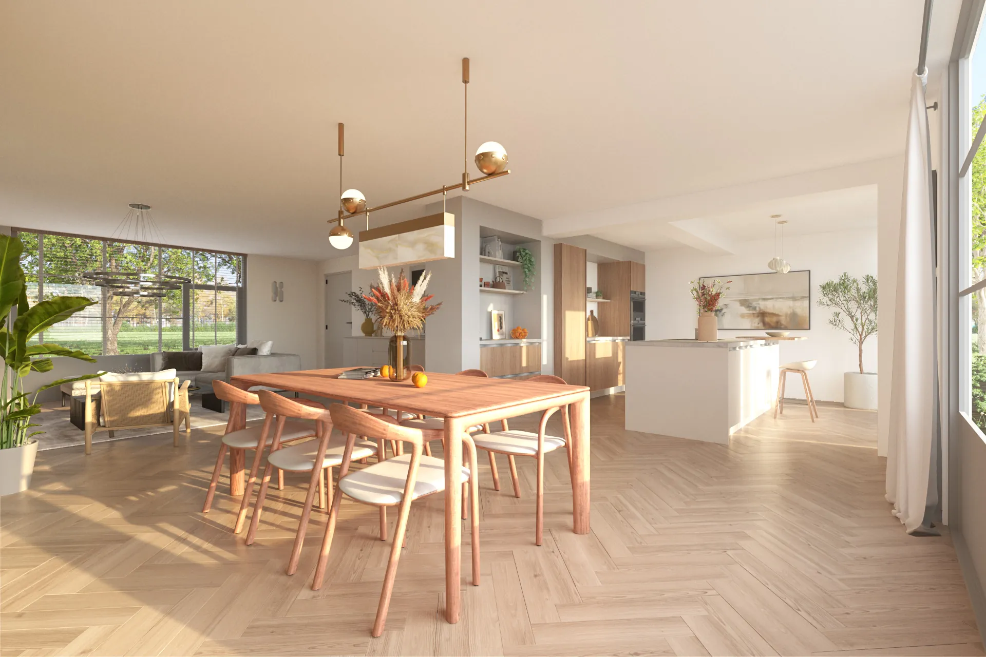 Visualisatie van een maatwerk woonkeuken met eiken eettafel, visgraatvloer en veel daglicht