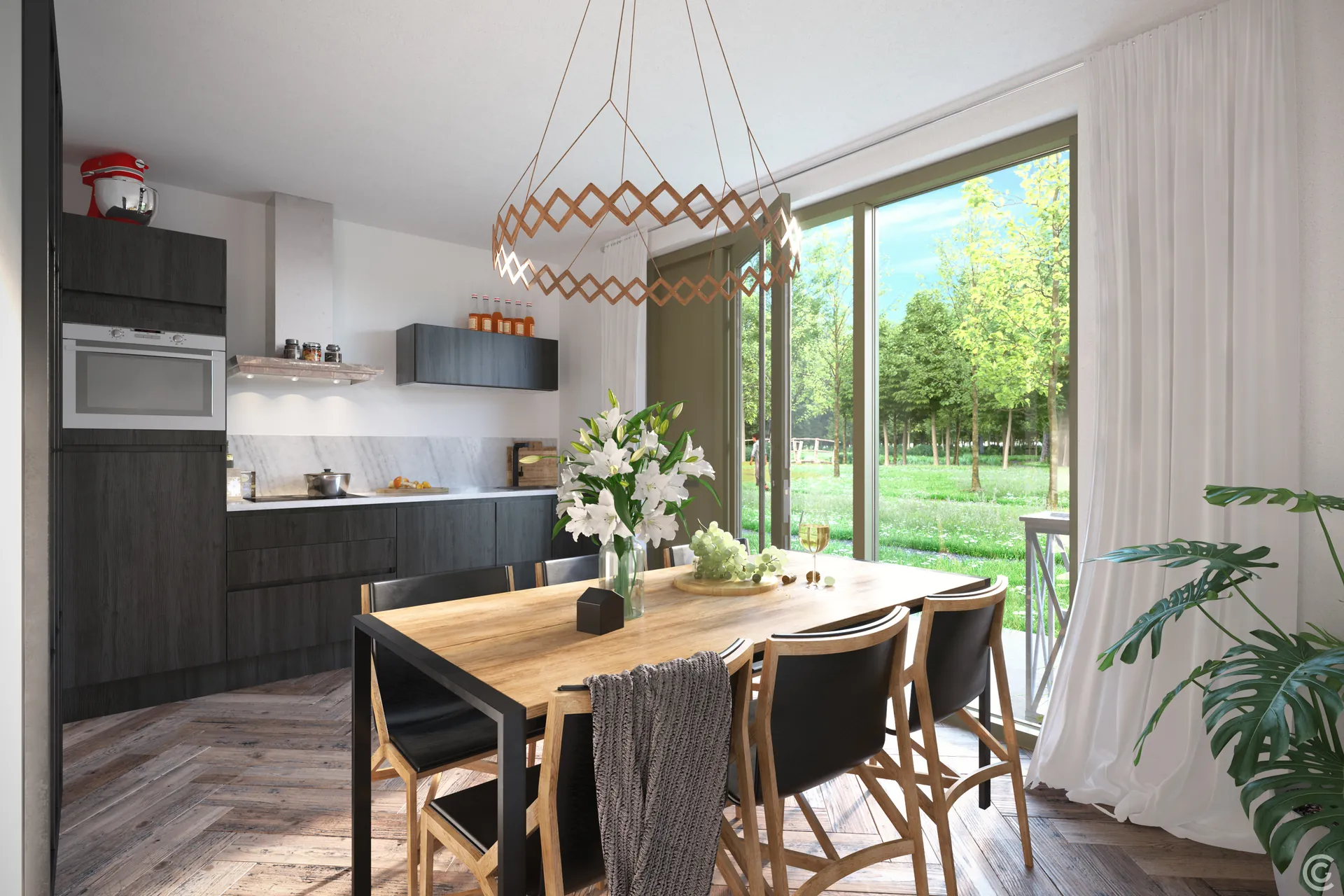 Interieurvisualisatie van een keuken met donkere kasten, eethoek en uitzicht op de tuin