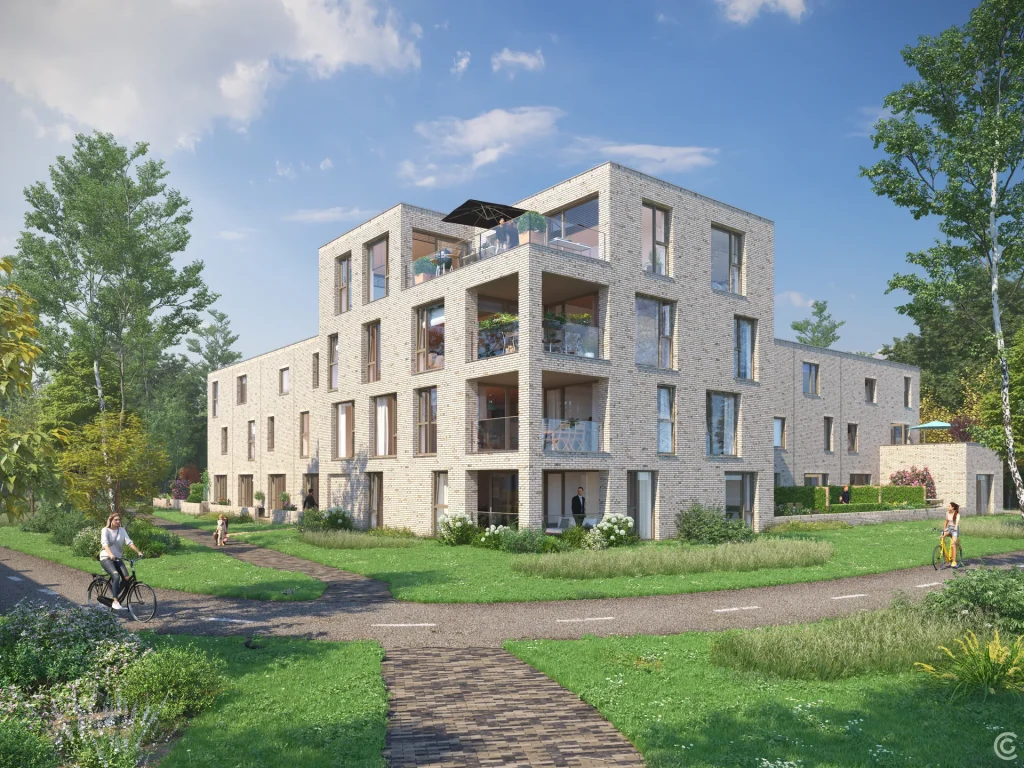 3D impressie van de appartementen van Parkrand Leusden, Larikslaan 4, gezien vanuit het park