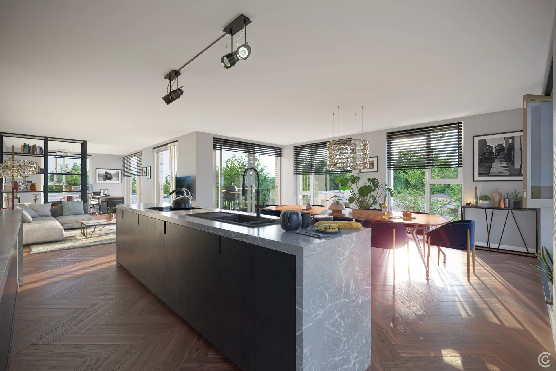 Interieur impressie van de woonkamer en keuken van het penthouse aan de Larikslaan 4 in Leusden
