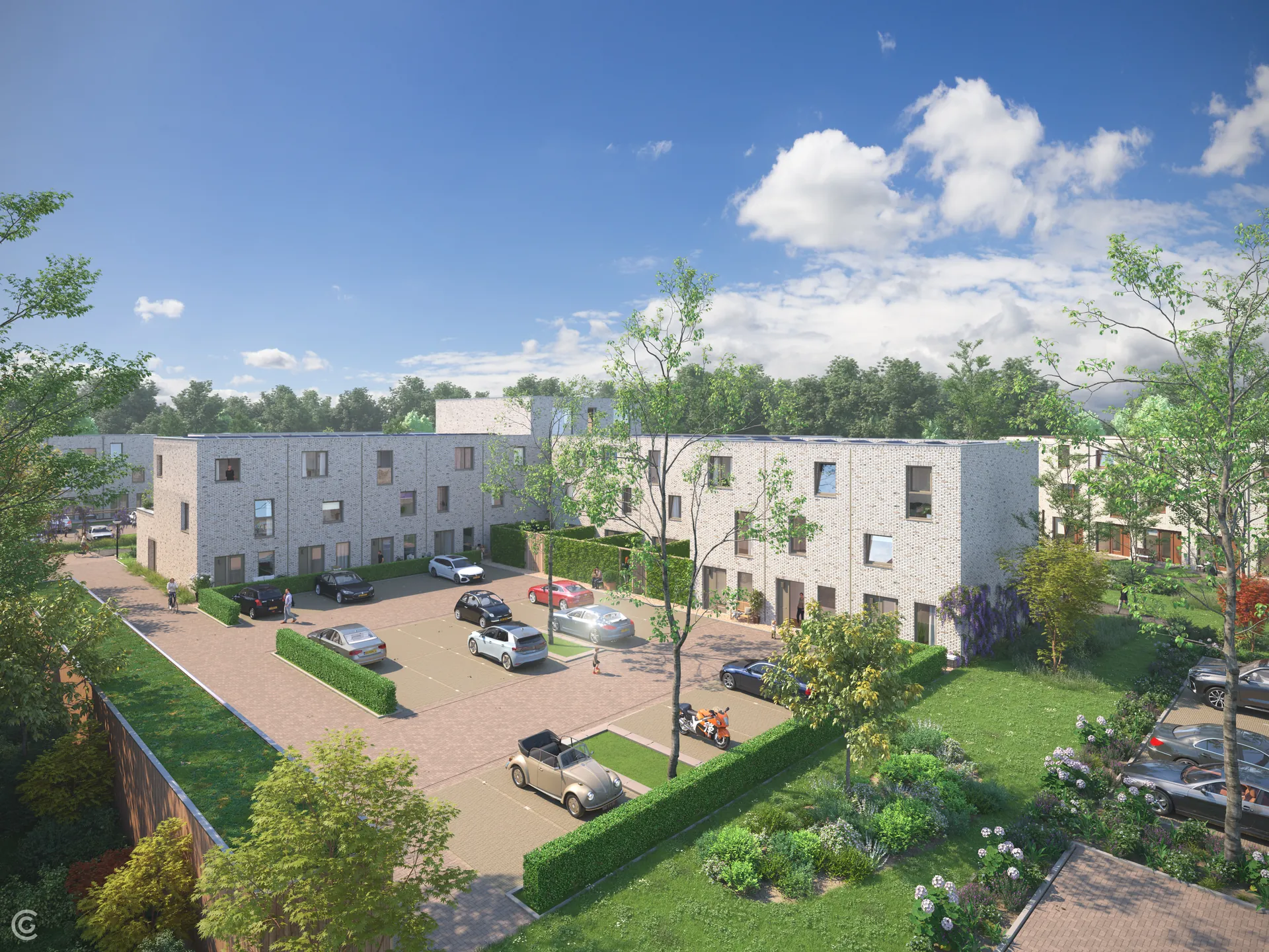 Vogelvlucht 3D impressie van het binnenterrein van Parkrand Leusden, Larikslaan 4