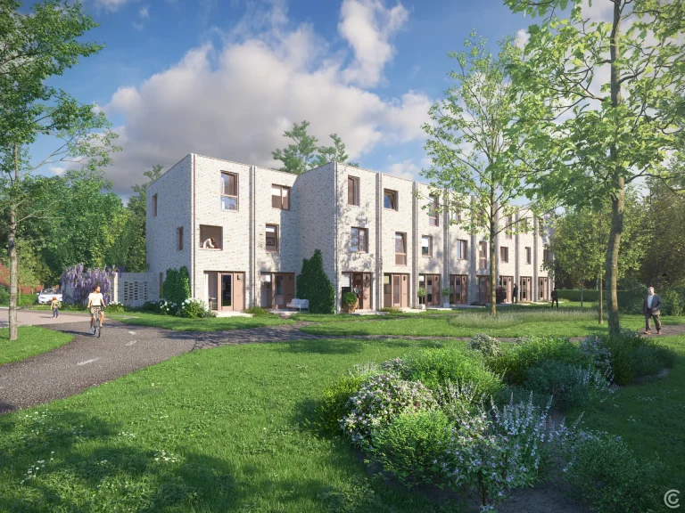 3D impressie van de parkwoningen aan de Larikslaan 6 in Leusden, gezien vanaf de oostzijde van het park