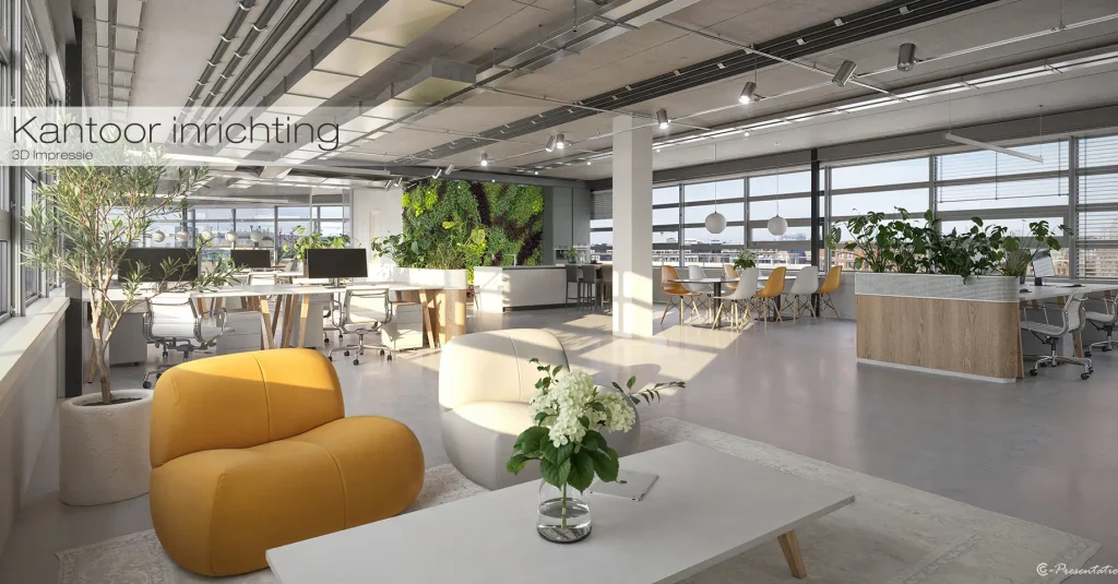3D impressie modern kantoorinterieur