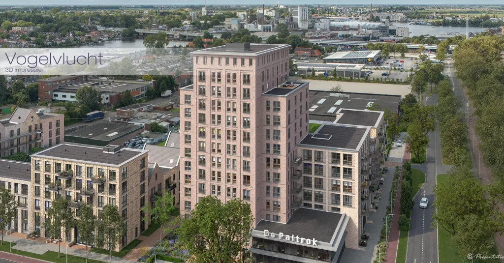 Artist impressions en 3D visualisaties van een nieuwbouwproject in vogelvlucht