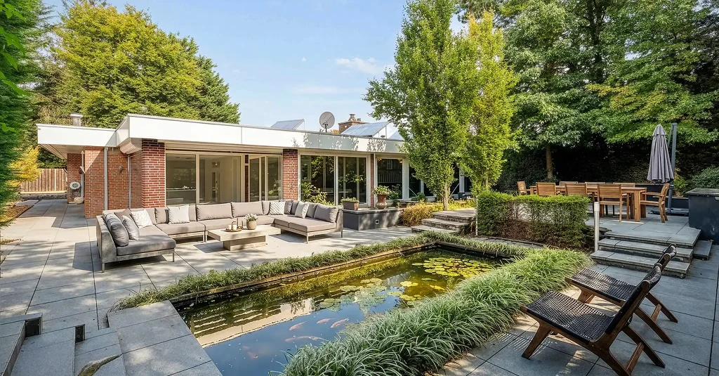 AI fotobewerking van tuin met verbeterde sfeer en uitstraling