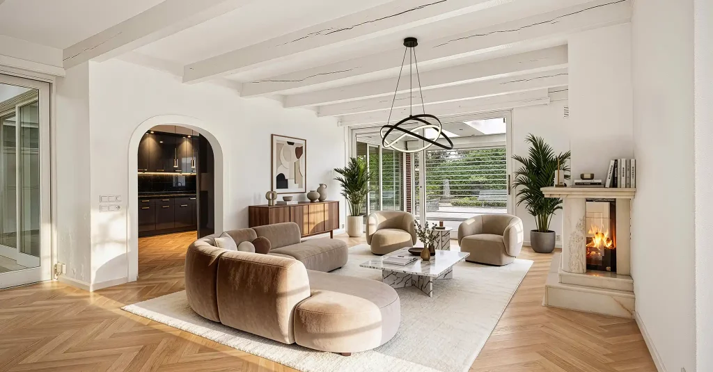 AI fotobewerking van woonkamer met haard en luxe interieur