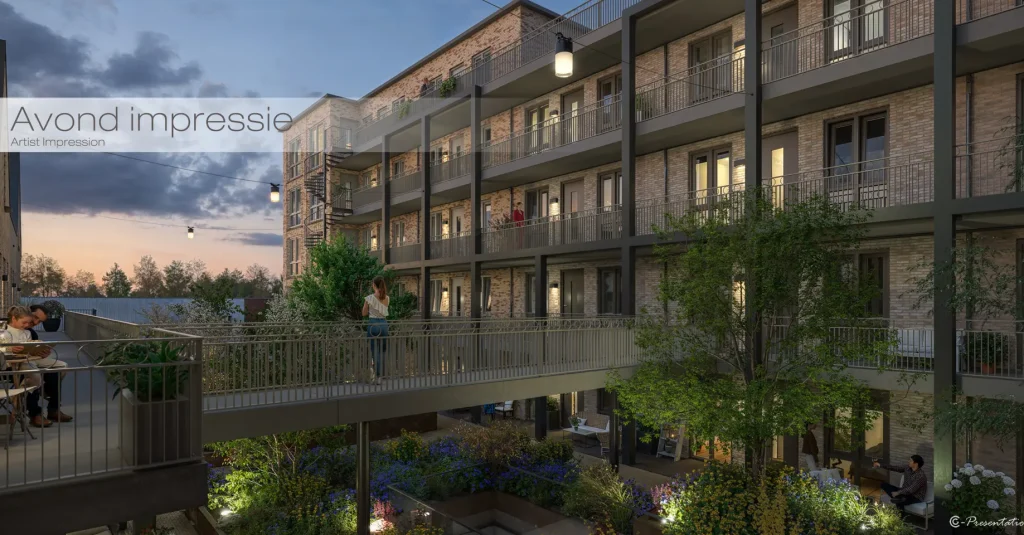 Avond impressie van een appartementencomplex binnen een vastgoed project